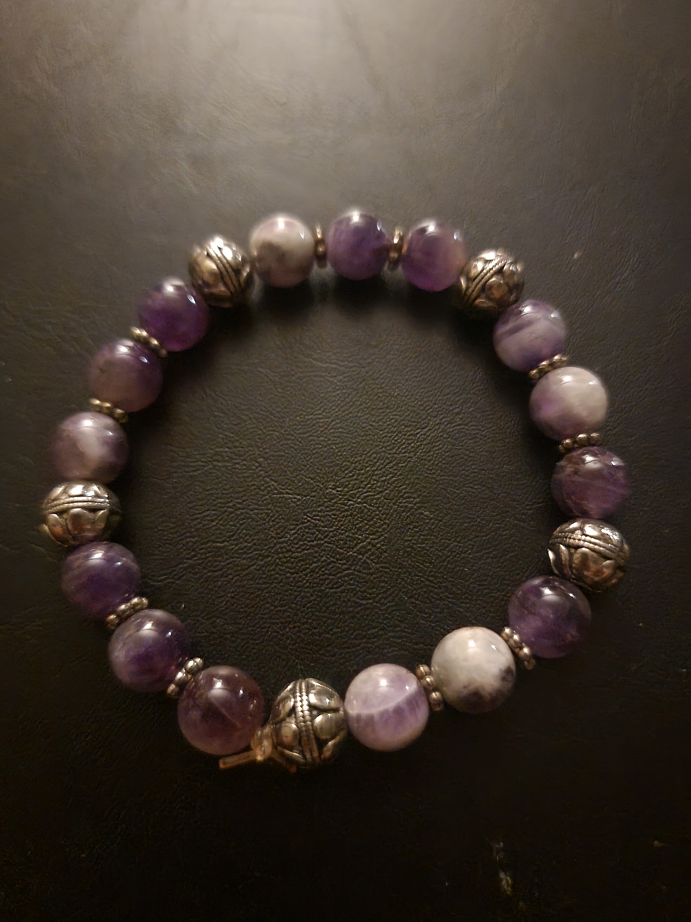 Hand Crafted Purple Amethyst Bead Bracelet with Silver Accents